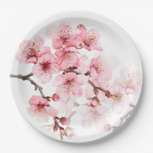 Floral Cherry Blossoms Pink White Paper Plate