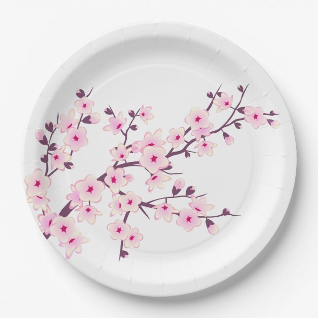 Floral Cherry Blossoms Pink White Paper Plate (Front)