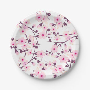 Floral Cherry Blossoms Pink White Paper Plate