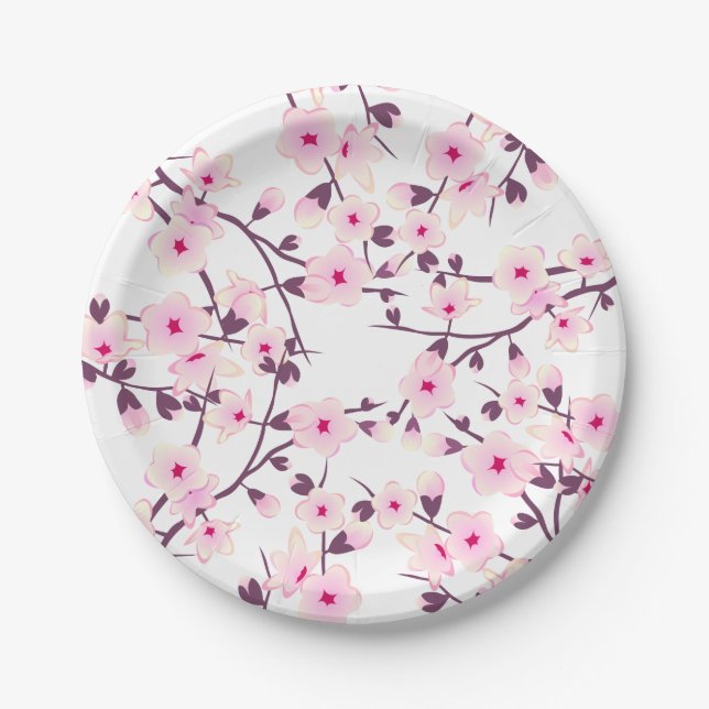 Floral Cherry Blossoms Pink White Paper Plate (Front)