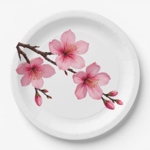 Floral Cherry Blossoms Pink White Paper Plate