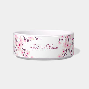 Floral Cherry Blossoms Pink White Pet´s Name Bowl