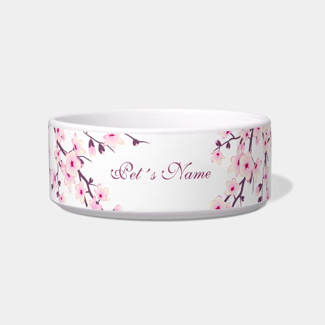 Floral Cherry Blossoms Pink White Pet´s Name Bowl (Front)