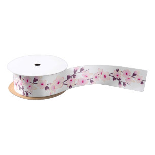 Floral Cherry Blossoms Pink White Ribbon Satin Ribbon