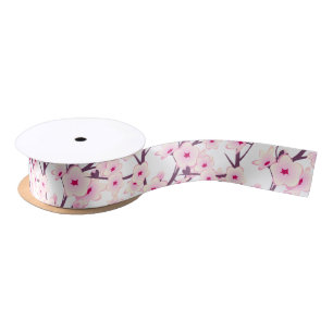 Floral Cherry Blossoms Pink White Satin Ribbon