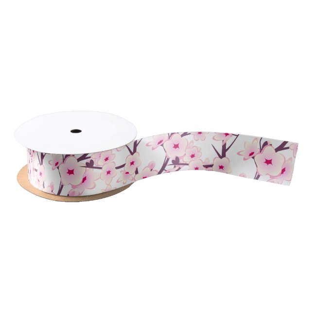 Floral Cherry Blossoms Pink White Satin Ribbon (Spool)