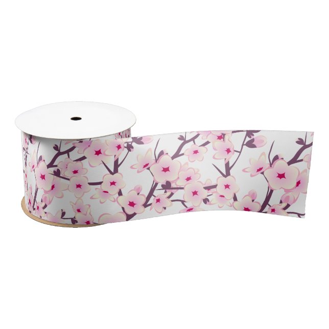 Floral Cherry Blossoms Pink White Satin Ribbon (Spool)