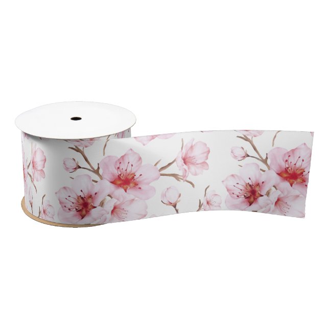 Floral Cherry Blossoms Pink White Satin Ribbon (Spool)