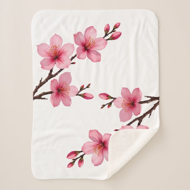 Floral Cherry Blossoms Pink White Sherpa Blanket (Front)