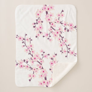 Floral Cherry Blossoms Pink White Sherpa Blanket