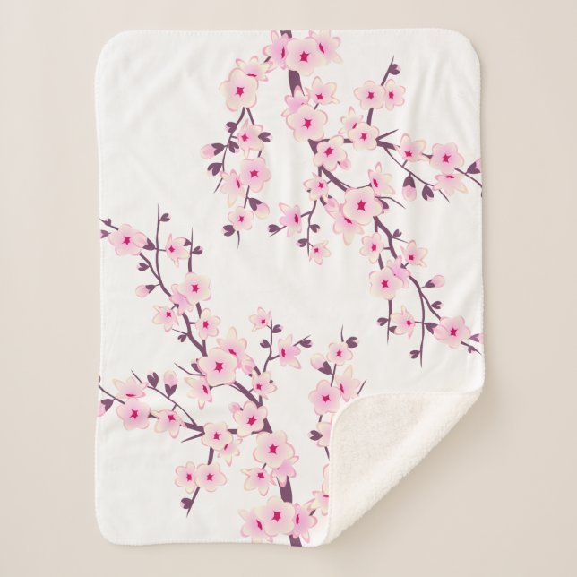 Floral Cherry Blossoms Pink White Sherpa Blanket (Front)