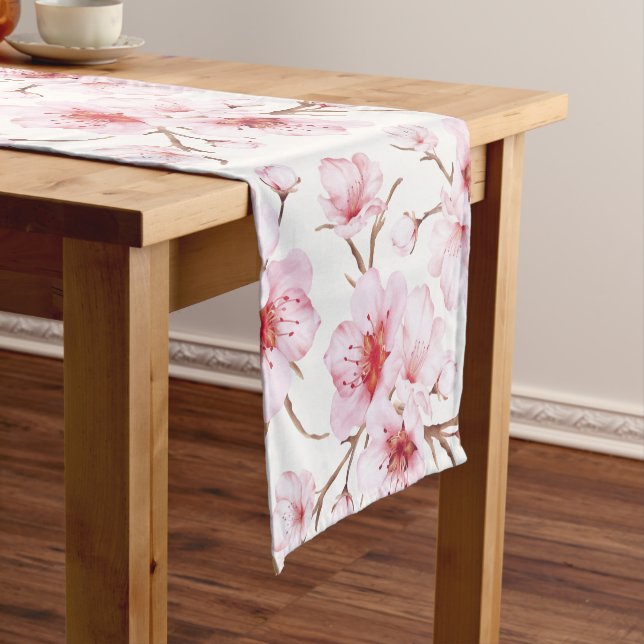Floral Cherry Blossoms Pink White Short Table Runner (In Situ)
