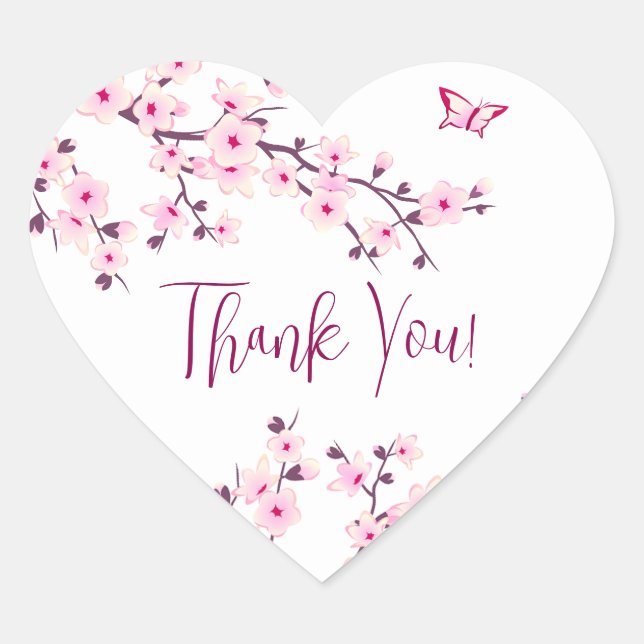 Floral Cherry Blossoms Pink White Thank You Heart Sticker (Front)