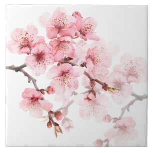 Floral Cherry Blossoms Pink White Tile