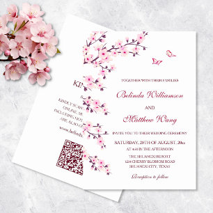 Floral Cherry Blossoms  Pink White Wedding  Invitation