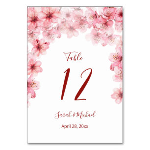 Floral Cherry Blossoms Pink White Wedding Table Number