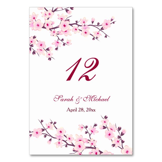 Floral Cherry Blossoms Pink White Wedding   Table Number (Front)