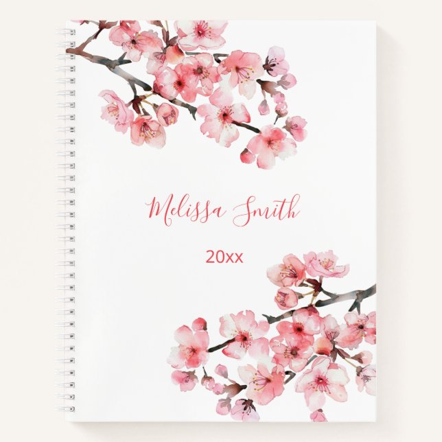 Floral Cherry Blossoms Pink White Your Name Notebook (Front)
