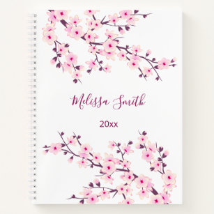 Floral Cherry Blossoms Pink White Your Name Notebook