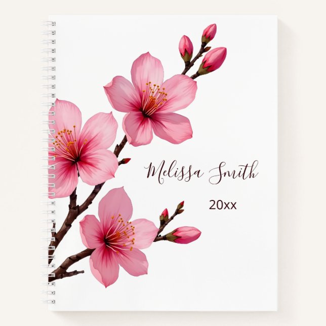 Floral Cherry Blossoms Pink White Your Name Notebook (Front)
