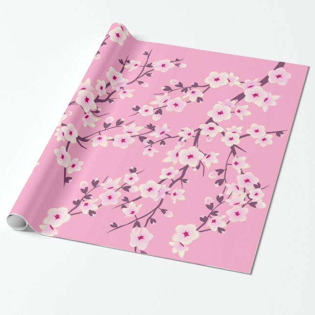 Floral Cherry Blossoms Pink Wrapping Paper (Unrolled)
