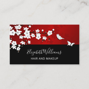 Floral Cherry Blossoms Red White Black Business Card