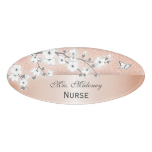 Floral Cherry Blossoms Rose Gold Glitter White Name Tag