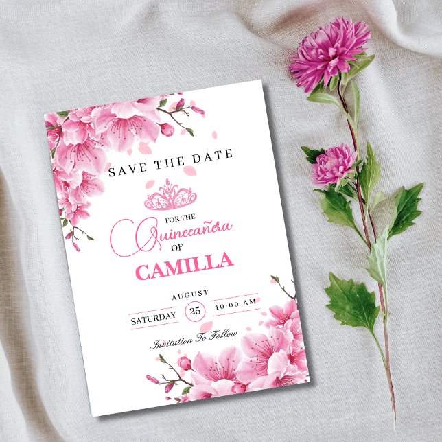 Floral Cherry Blossoms Rose spring Quinceañera Save The Date (Creator Uploaded)