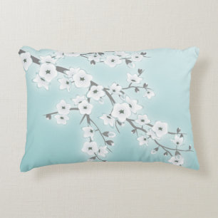 Floral Cherry Blossoms (Sakura) Mint White Decorative Cushion