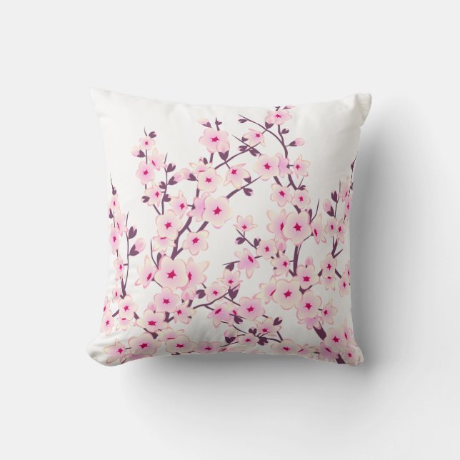 Floral Cherry Blossoms (Sakura) Pink White Cushion (Front)