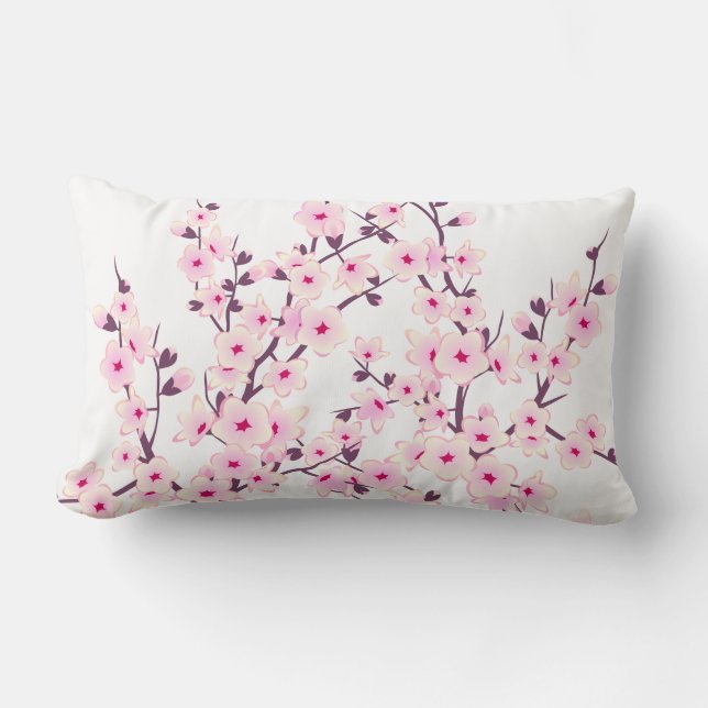 Floral Cherry Blossoms (Sakura) Pink White Lumbar Cushion (Front)