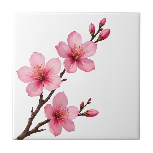 Floral Cherry Blossoms (Sakura) Pink White Tile (Front)