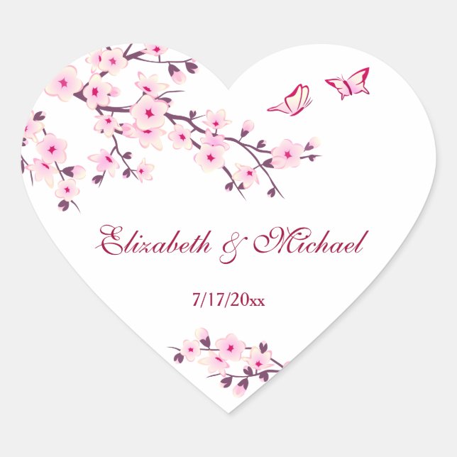 Floral Cherry Blossoms Wedding Heart Sticker (Front)