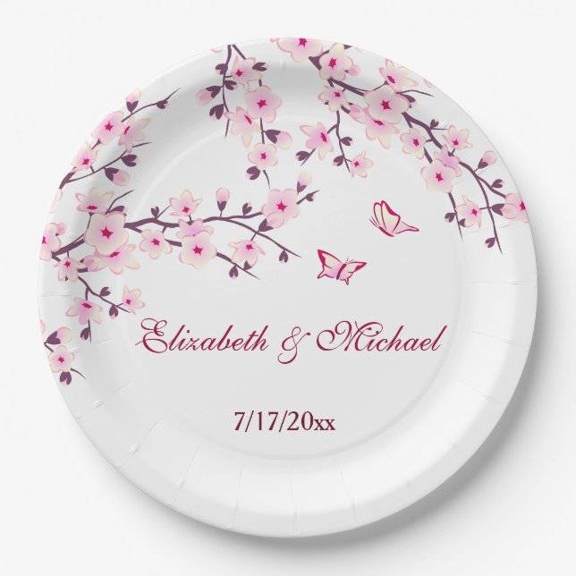 Floral Cherry Blossoms Wedding Paper Plate (Front)
