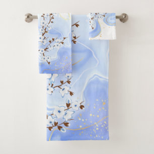 Floral Cherry Blossoms White Blue Ink Bath Towel Set