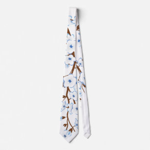Floral Cherry Blossoms White Blue Tie