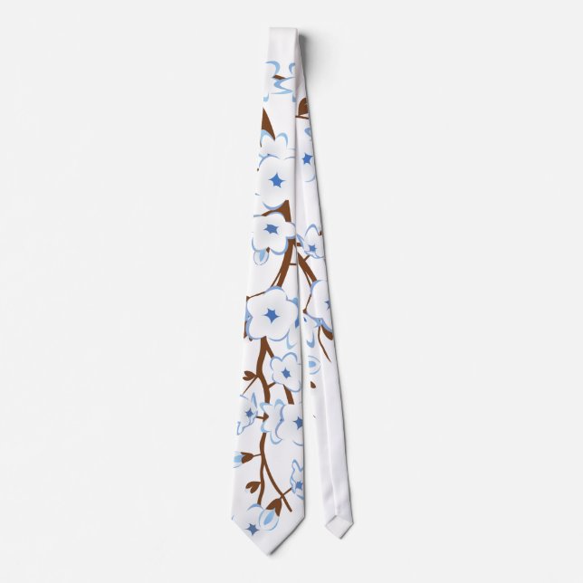 Floral Cherry Blossoms White Blue Tie (Front)