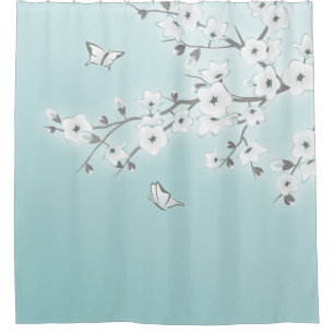 Floral Cherry Blossoms White Mint Shower Curtain