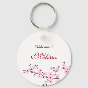 Floral Cherry Blossoms White Pink Key Ring