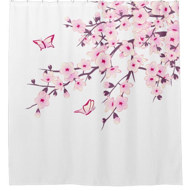 Floral Cherry Blossoms White Pink Shower Curtain (Front)