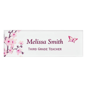 Floral Cherry Blossoms White Pink Teacher Name Tag