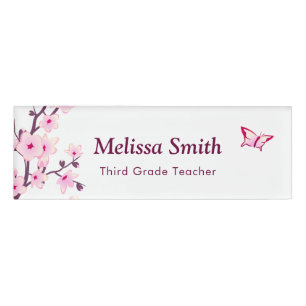 Floral Cherry Blossoms White Pink Teacher Name Tag