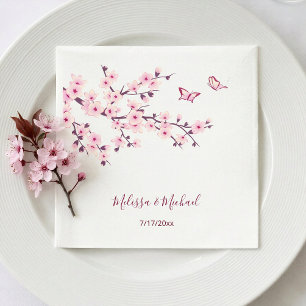 Floral Cherry Blossoms Your Names Wedding Napkin