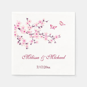 Floral Cherry Blossoms Your Names Wedding Napkin