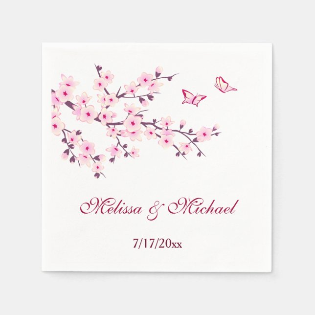 Floral Cherry Blossoms Your Names Wedding Napkin (Front)