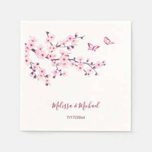 Floral Cherry Blossoms Your Names Wedding Napkin