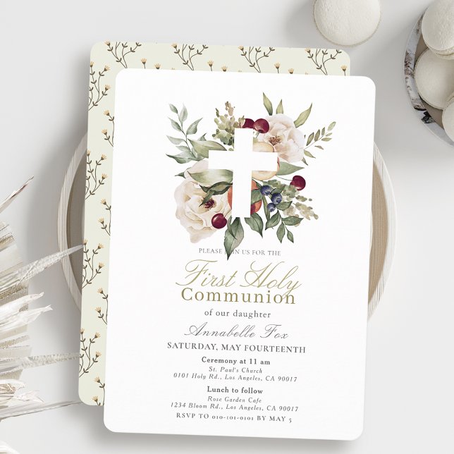 Floral Cherry Botanical Girl First Holy Communion Invitation (Creator Uploaded)