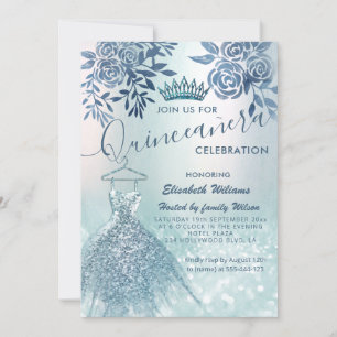 Floral chic blue dress glittery ombre invitation