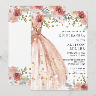 Floral Chic Blush Gold Glitter Dress QUINCEAÑERA Invitation