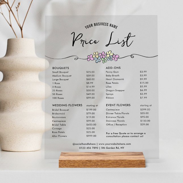 Floral Chic Boutique Business Price List Menu Acrylic Sign (Elegant acrylic business price list table top sign with transparent background and floral design)